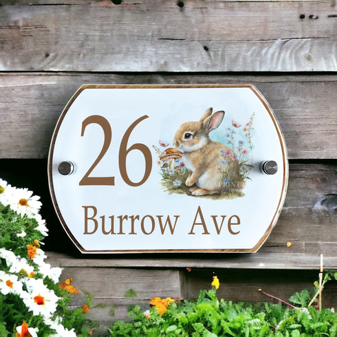 Personalised Acrylic External Door Number Plates Plaques Bunny Rabbit and Flowers