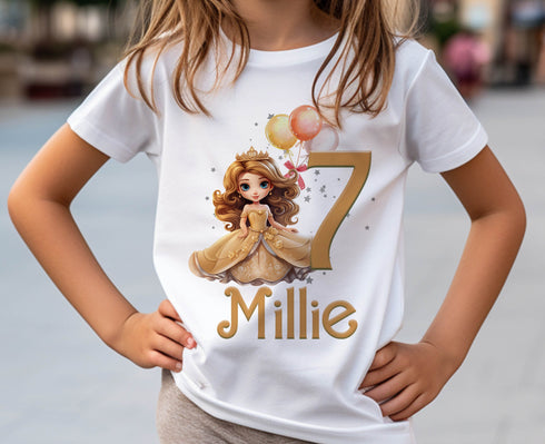 Personalised Princess Birthday T-Shirt ANY AGE - Cotton White Top, any number any age