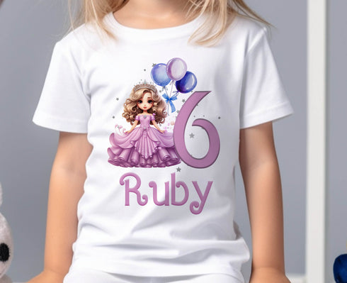 Personalised Princess Birthday T-Shirt ANY AGE - Cotton White Top, any number any age