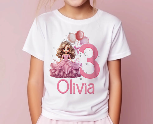 Personalised Princess Birthday T-Shirt ANY AGE - Cotton White Top, any number any age