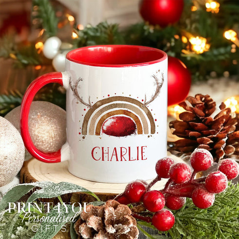 Personalised Christmas Mug with Red Trim and Reindeer Rainbow Design