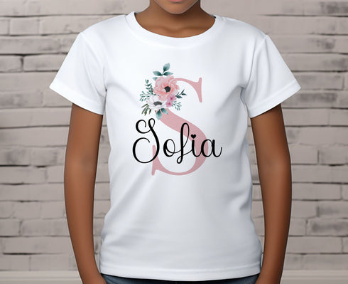 Children's White Cotton Personalised T-shirt - Pink Alphabet Letter
