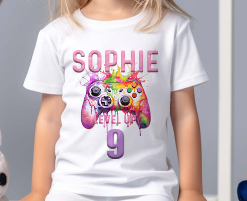 Personalised Birthday Girls Gaming Controller T-Shirt | White Cotton | Ages 1-12yrs | "Level Up" | Perfect Birthday Gift