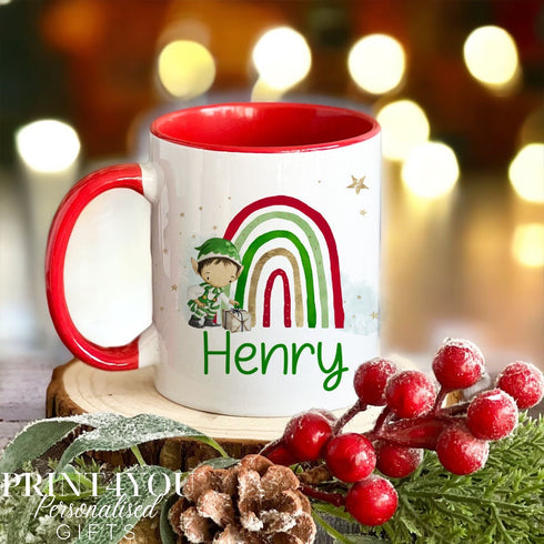 Red Trim Elf Boy and rainbow Personalised Christmas gift mug