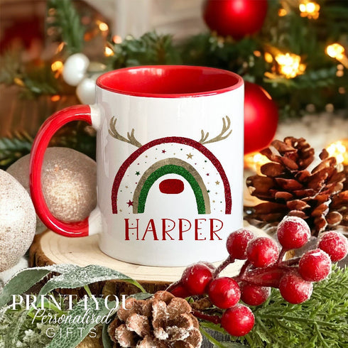 Personalised Christmas Mug with Rainbow Reindeer Antlers Stars