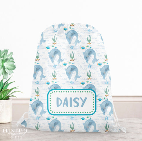Personalised Dolphin Bag, Childrens School PE Bag, Kids Drawstring Bag, Swim Bag, Personalised with any Name