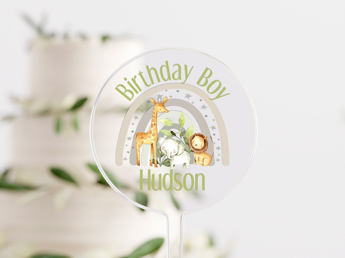 Personalised safari jungle rainbow acrylic cake topper with custom text