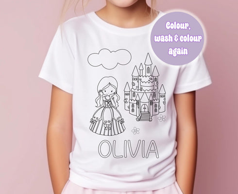 Personalised Princess and Castle ND2 Colour In activity Kids T-shirt - with washable pens