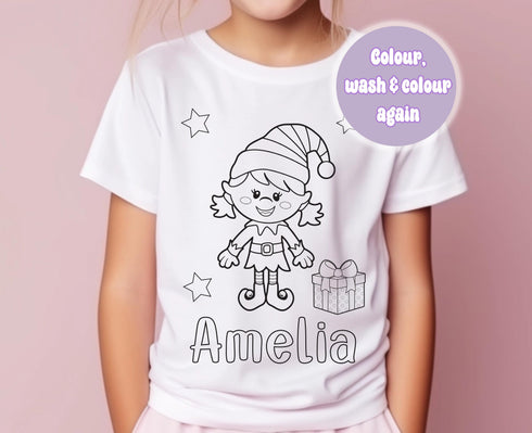 Personalised Christmas Girl Elf Colour In activity Kids T-shirt - with washable pens - stocking fillers, Christmas Eve Box, Gift from Elf