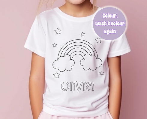 Personalised Rainbow Colour In activity Kids T-shirt - with washable pens