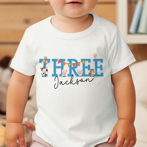Personalised Girls Farmyard Birthday T-Shirt Age Three - Cotton White Top, Fun farm animals with a blue theme, third birthday