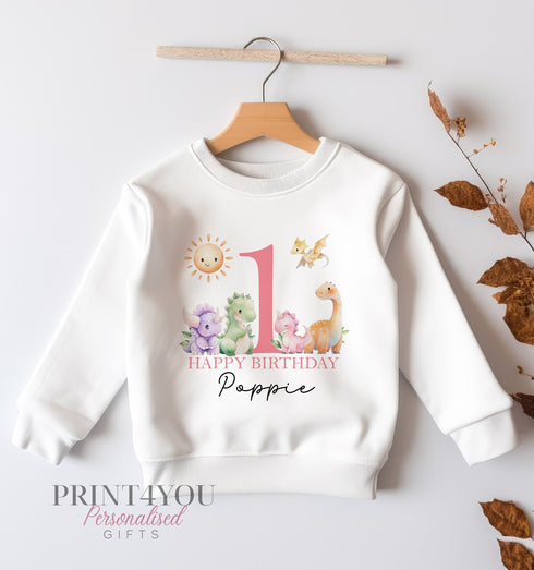 Personalised First Birthday Jumper, Birthday Sweatshirt for Children, I am One, Pink themed Dinosaurs