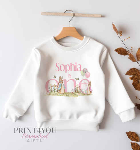 Personalised First Birthday Jumper, Birthday Sweatshirt for Children, I am One, Pink Cumbrian Rabbit Jumper