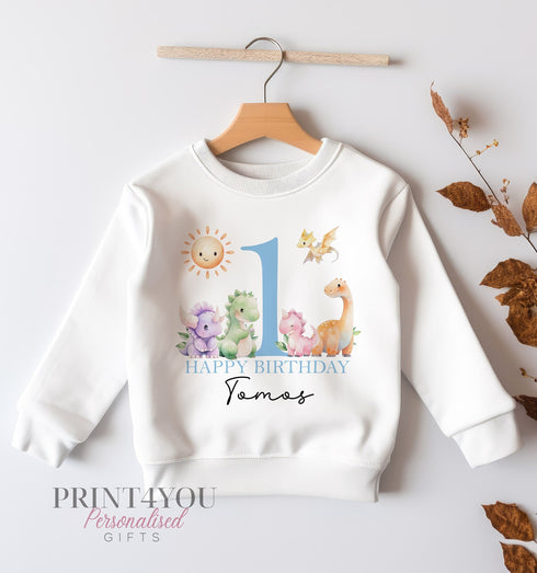Personalised First Birthday Jumper, Birthday Sweatshirt for Children, I am One, Blue themed Dinosaurs