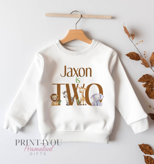 Personalised Second Birthday Jumper, Birthday Sweatshirt for Children, I am Two, Brown Safari Jungle Animals Number 2