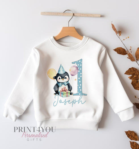 Personalised First Birthday Jumper, Birthday Sweatshirt for Children, I am One, Blue themed Penguin