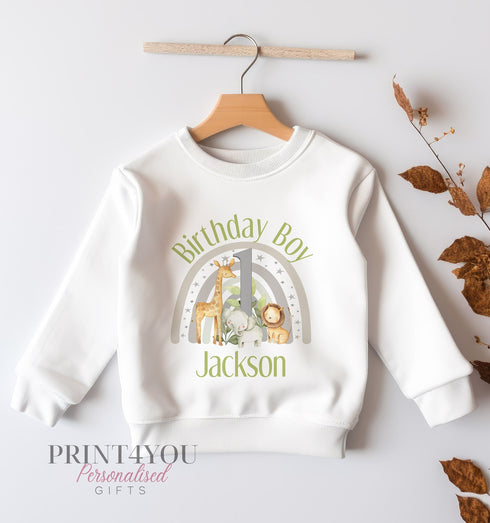 Personalised First Birthday Jumper, Birthday Sweatshirt for Children, I am One, Jungle Safari rainbow Jumper