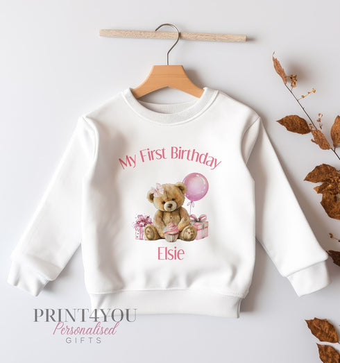 Personalised First Birthday Jumper, Birthday Sweatshirt for Children, I am One, Pink Teddy Bear Jumper