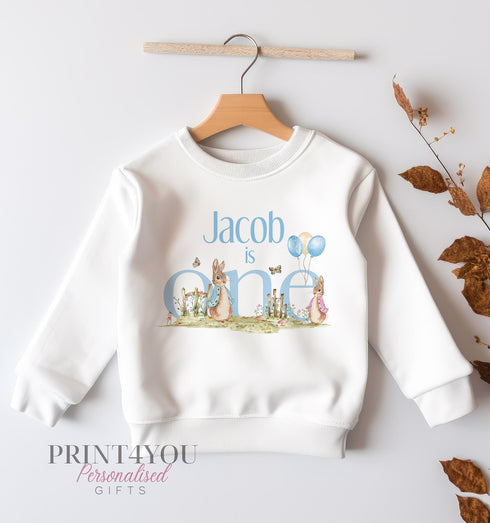 Personalised First Birthday Jumper, Birthday Sweatshirt for Children, I am One, Blue Cumbrian Rabbit Jumper