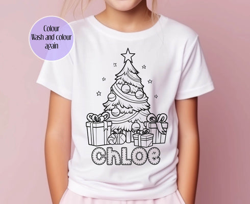 Personalised Christmas Tree and Presents Colour In activity Kids T-shirt, stocking fillers, Christmas Eve Box, Gift from Elf