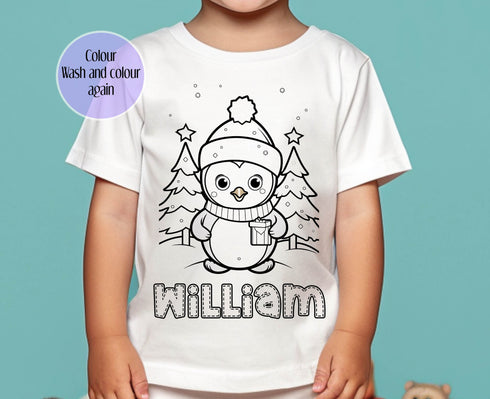 Personalised Penguin Christmas Colour In activity Kids T-shirt, stocking fillers, Christmas Eve Box, Gift from Elf