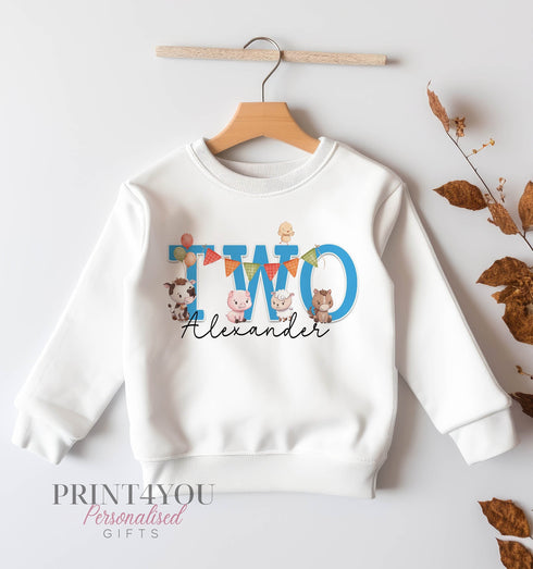 Personalised Second Birthday Jumper, Birthday Sweatshirt for Children, I am Two, Blue Farm Animals Number 2 Jumper
