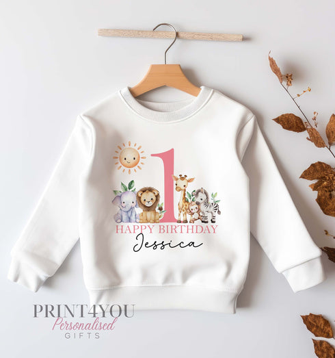 Personalised First Birthday Jumper, Birthday Sweatshirt for Children, I am One, Jungle Safari Jumper, Blue Green or Pink