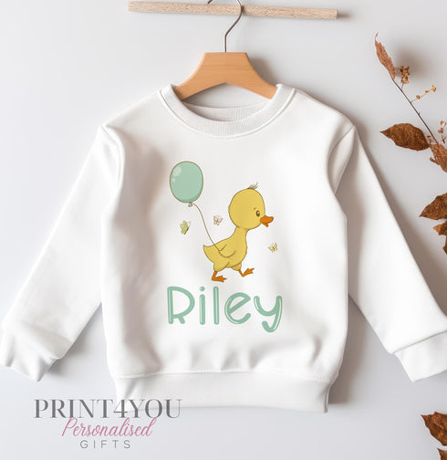 Personalised Sweatshirt Jumper For Children. White Cotton Sweatshirt - Yellow Duck with Balloon and name