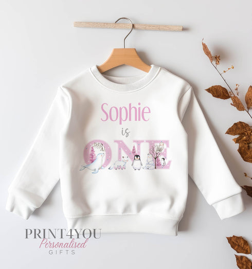 Personalised First Birthday Jumper, Birthday Sweatshirt for Children, I am One, Pink arctic winter animals, penguin Polar Bear Owl White Fox