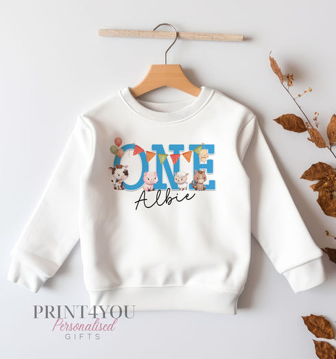 Personalised First Birthday Jumper, Birthday Sweatshirt for Children, I am One, Blue Farm Animals Jumper