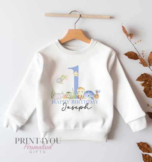 Personalised First Birthday Jumper, Birthday Sweatshirt for Children, I am One, Under the Sea Fish theme, Boys Blue Design