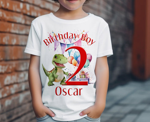 Personalised T-rex Dinosaur Birthday T-Shirt ANY AGE - Cotton White Top, Any Age, Dino Trex Party Top