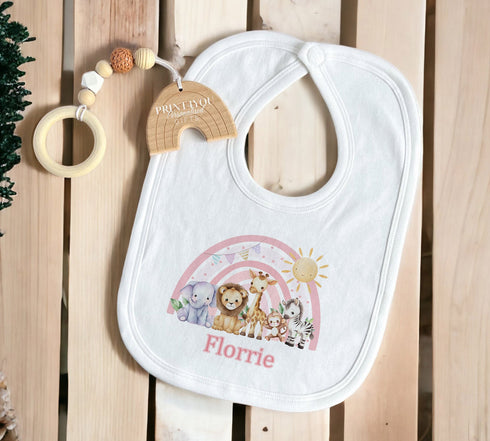 Personalised Safari Rainbow Birthday White Cotton T-Shirt, Vest, Sleepsuit or hoodie - Pink Safari Animal Rainbow, New Baby Gift Ideas