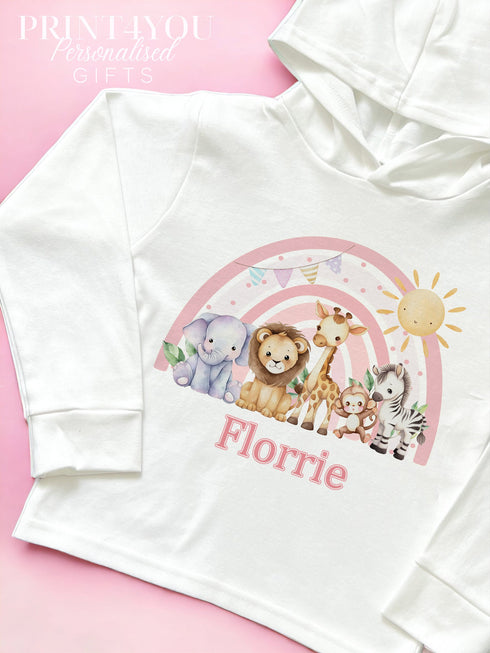 Personalised Safari Rainbow Birthday White Cotton T-Shirt, Vest, Sleepsuit or hoodie - Pink Safari Animal Rainbow, New Baby Gift Ideas