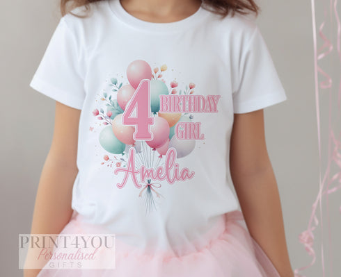 Personalised Girls Birthday T-Shirt ANY AGE - Cotton White Top, pastel pink balloons, number and name. Gift for Girls, Birthday Girl