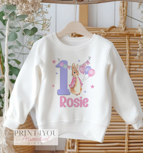 Personalised Rabbit Birthday Jumper, Birthday Sweatshirt for Children, I am One Two Three Four Five Six, Pink Bunny Jumper ANY AGE