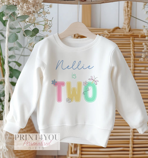 Personalised Second Birthday Jumper, Birthday Sweatshirt for Children, I am Two,, pastel Colours, Daisy Jumper