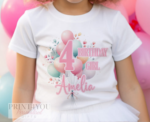 Personalised Girls Birthday T-Shirt ANY AGE - Cotton White Top, pastel pink balloons, number and name. Gift for Girls, Birthday Girl