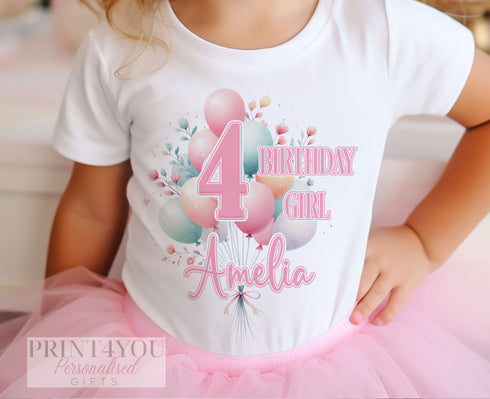 Personalised Girls Birthday T-Shirt ANY AGE - Cotton White Top, pastel pink balloons, number and name. Gift for Girls, Birthday Girl