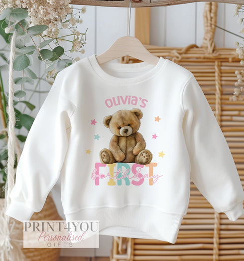Personalised First Birthday Jumper, Birthday Sweatshirt for Children, Teddy bear 1st Birthday, Girls Pink Pastel Design