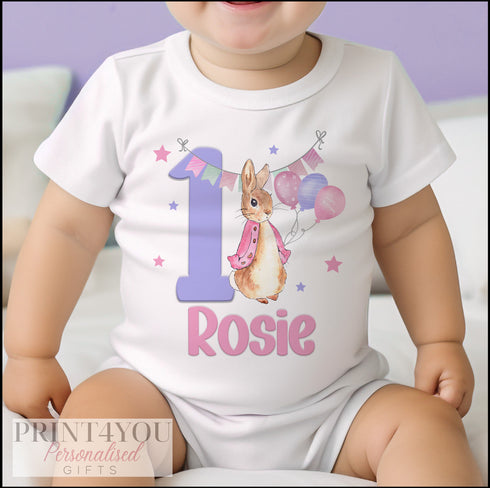Personalised Rabbit First Birthday T-shirt, I am One, Sleepsuit, Vest or T-shirt