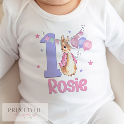 Personalised Rabbit First Birthday T-shirt, I am One, Sleepsuit, Vest or T-shirt