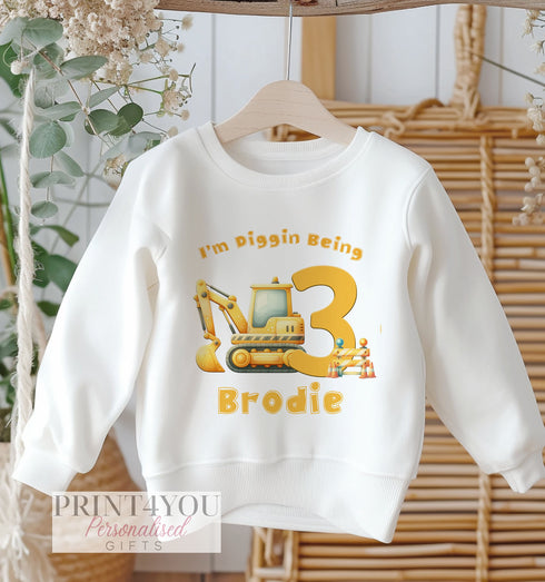 Personalised Digger Birthday Jumper, Birthday Sweatshirt for Children, Any Age Diggin Being, Builder Construction Digger Design