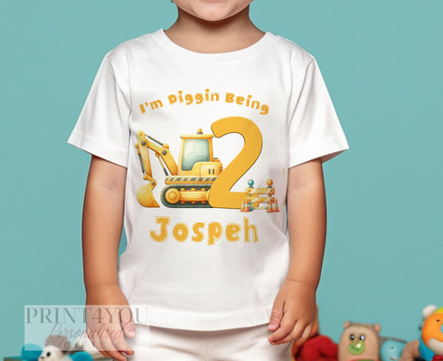 Personalised Digger Birthday T-Shirt ANY AGE - Cotton White Top, Any Age, Construction Digger Party Top, Diggin Being Any Age
