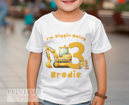 Personalised Digger Birthday T-Shirt ANY AGE - Cotton White Top, Any Age, Construction Digger Party Top, Diggin Being Any Age