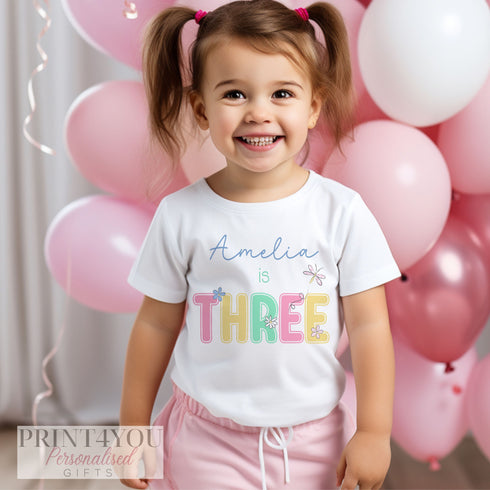 Personalised Pastel Daisy Birthday T-Shirt ANY AGE - Cotton White Top, Any Age, pastel daisy and dragonfly Any Age