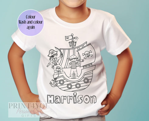Personalised Pirate Ship Colour In activity Kids T-shirt - with washable pens