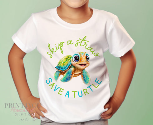 Earth Day Childrens Cotton T-shirt - ED1 Skip a straw save a turtle