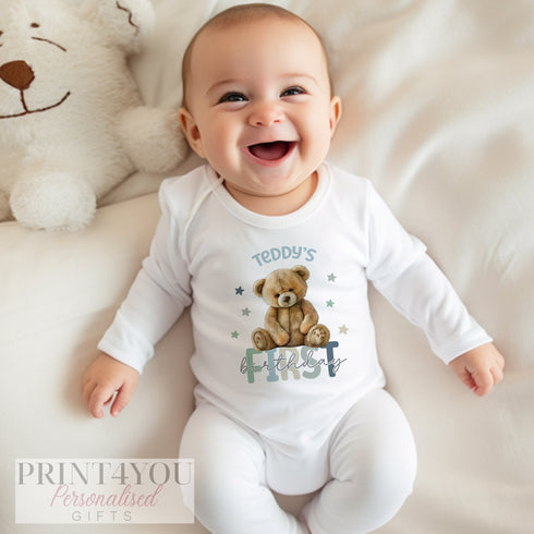 Personalised First Birthday One T-shirt, Sleepsuit and vest, Boys Teddy Bear First Birthday Outfit.