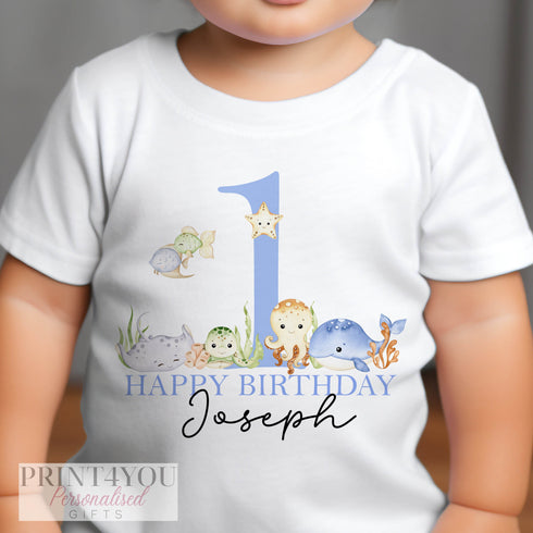 Children's White Cotton Personalised Birthday T-shirt - Under the Sea Design, Name is ONE First Birthday, Two Three Four Five Sixth Birthday